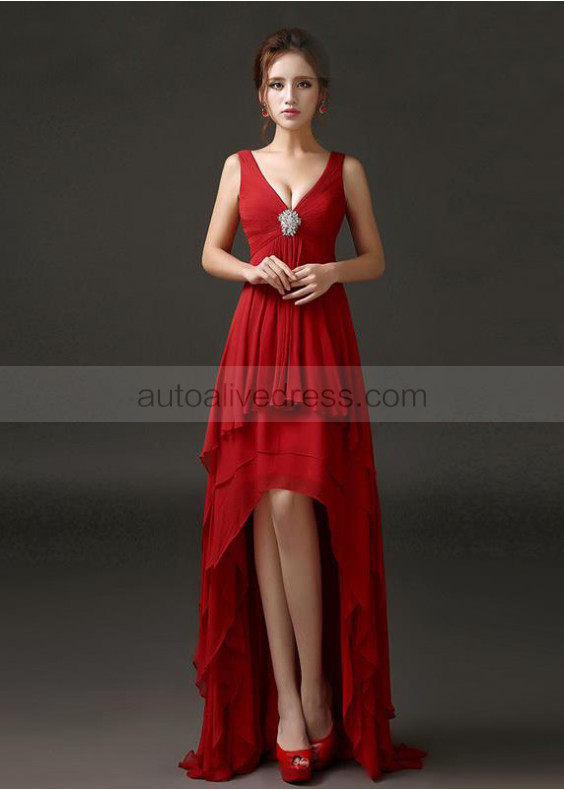 Red Pleated Chiffon High Low Sexy Evening Dress
